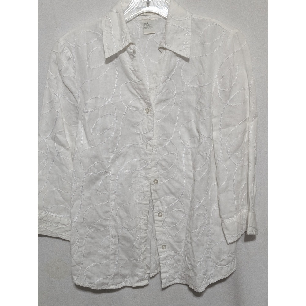 Tweeds Women White 100% Linen Embroidered Button Up Shirt 3/4 Sleeve Size S